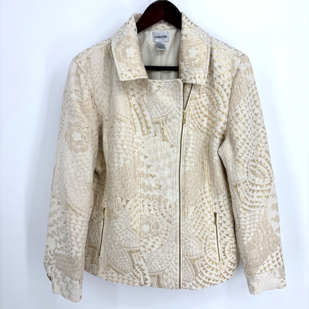 Chicos Jacket Womens 2 US‎ L Cream Gold Metallic Print Asymmetric Full Zip Lined